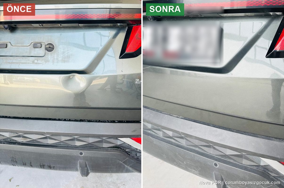 Hyundai Tucson bagaj kapağındaki göçüğün yakın çekim öncesi ve sonrası