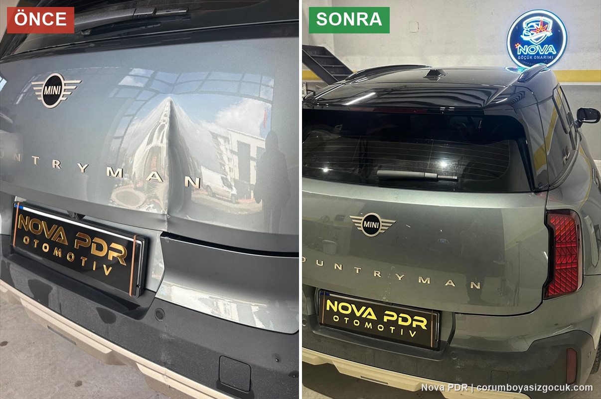 MINI Countryman bagaj kapağındaki keskin göçüğün yakın çekim öncesi ve sonrası